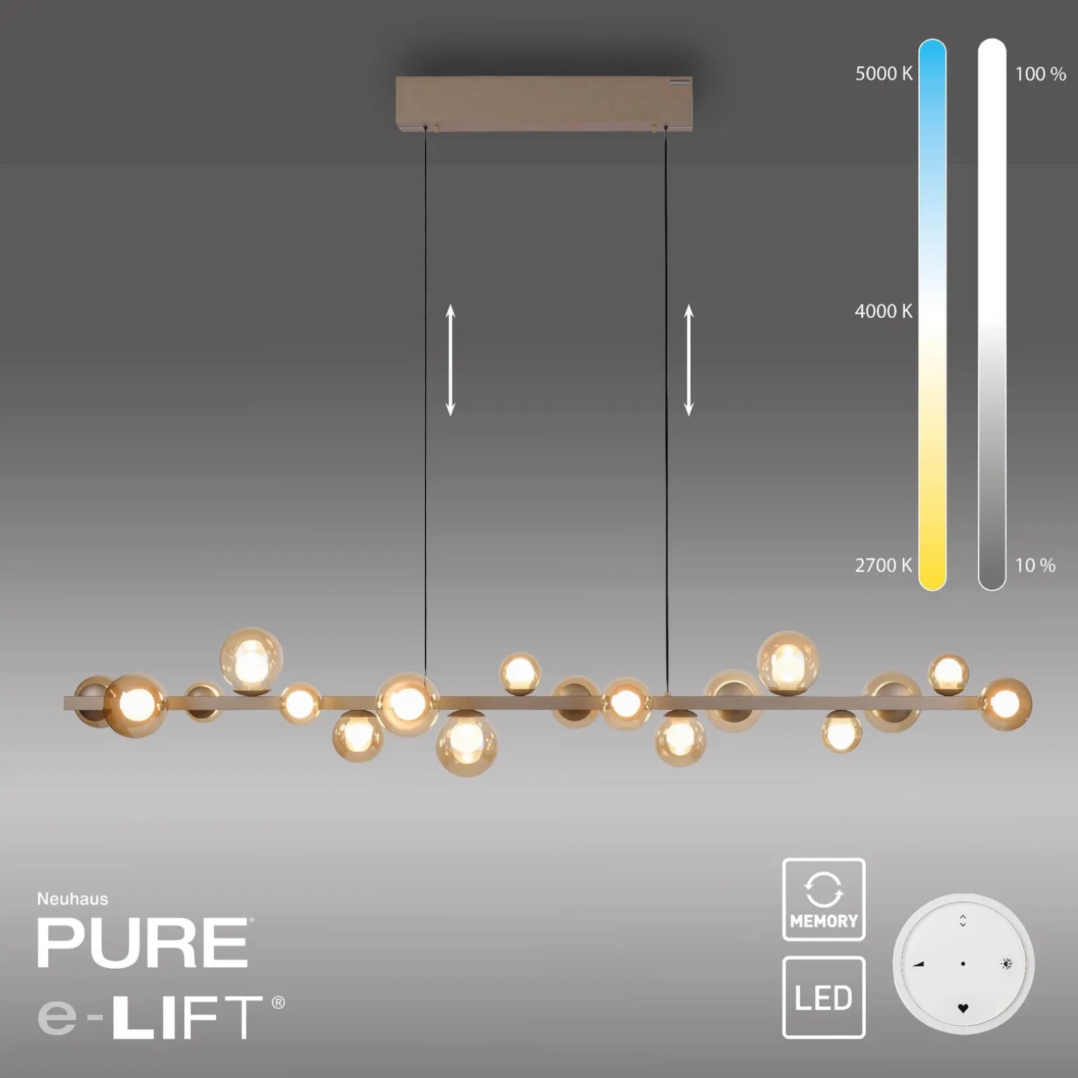 Lampa wisząca z płynną regulacją wysokości PURE E-POPUP 180cm BRĄZOWA (2558-97) - Paul Neuhaus