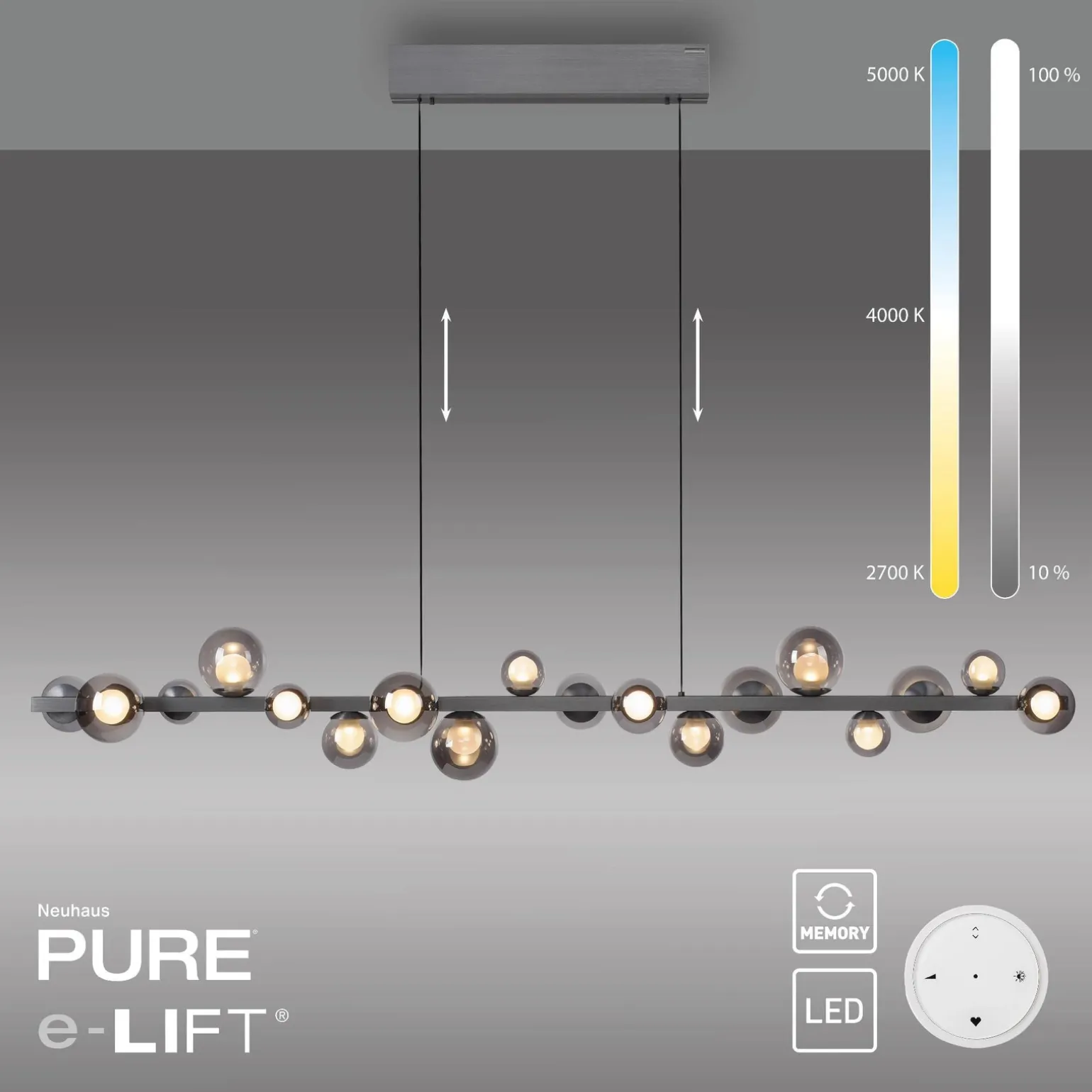 Lampa wisząca z płynną regulacją wysokości PURE E-POPUP 180cm SZARA (2558-15) - Paul Neuhaus