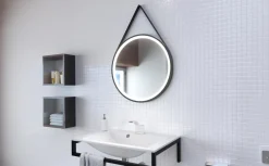 Lustro okrągłe TEXAS w ramie z oświetleniem LED na skórzanym pasku - MCJ