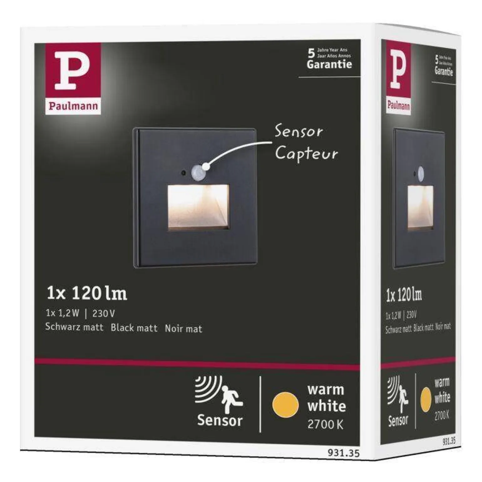 Oprawa przyschodowa EDGE LED czujnik ruchu i zmierzchu kwadrat 1x1,2W 120lm 2700K 230V czarny matowy / tworzywo sztuczne (PL93135) - PAULMANN