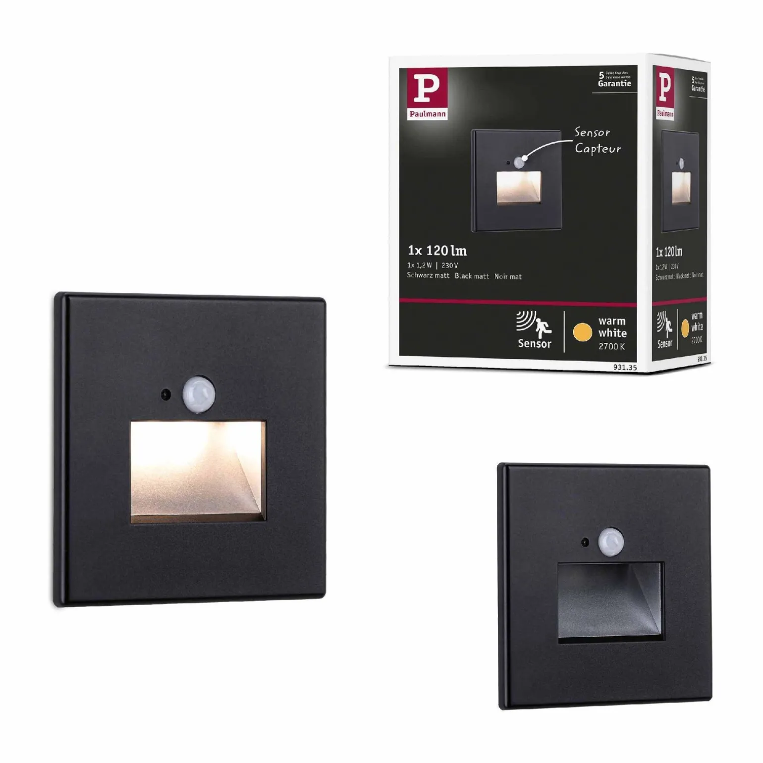 Oprawa przyschodowa EDGE LED czujnik ruchu i zmierzchu kwadrat 1x1,2W 120lm 2700K 230V czarny matowy / tworzywo sztuczne (PL93135) - PAULMANN