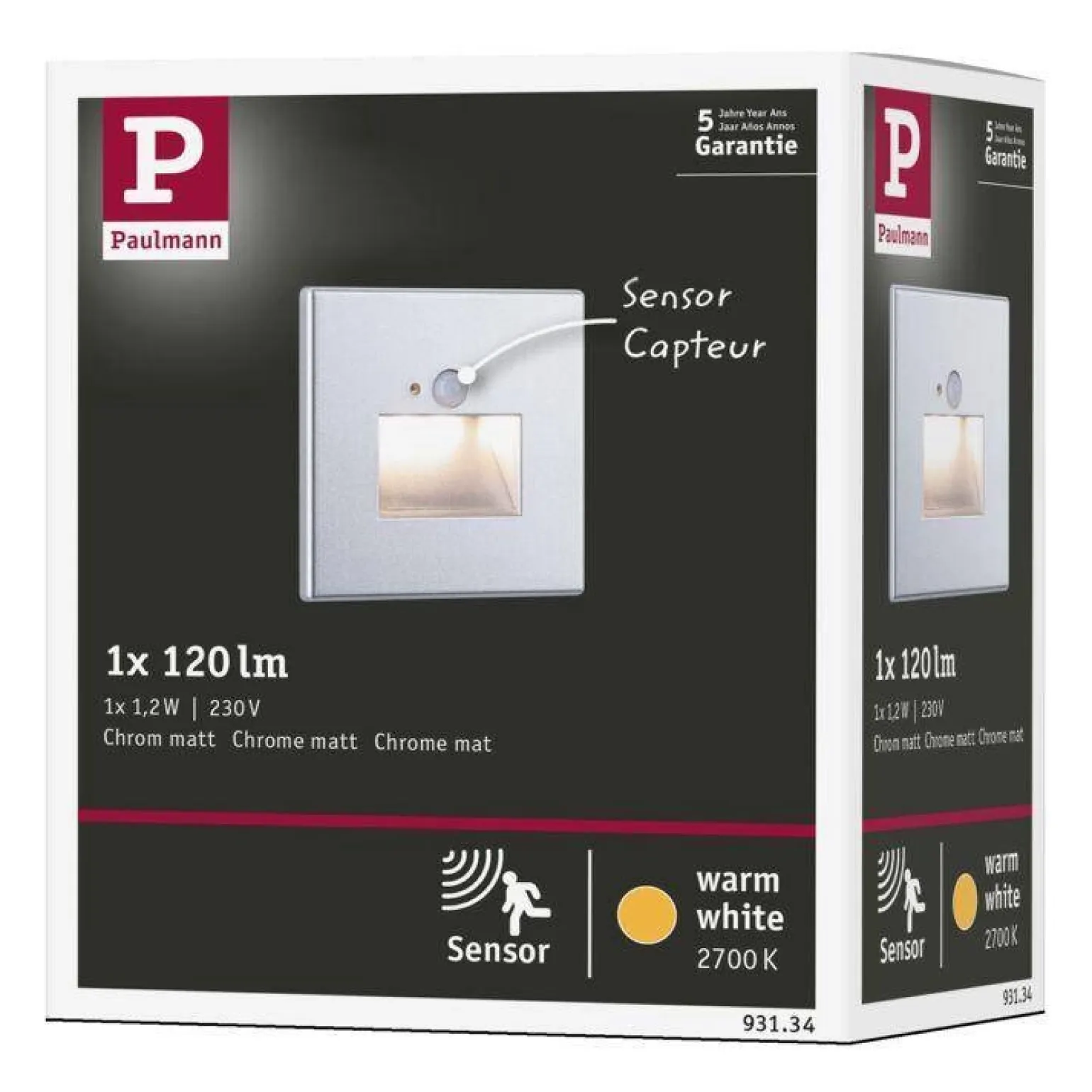 Oprawa przyschodowa EDGE LED czujnik ruchu i zmierzchu kwadrat 1x1,2W 120lm 2700K 230V chrom matowy / tworzywo sztuczne (PL93134) - PAULMANN